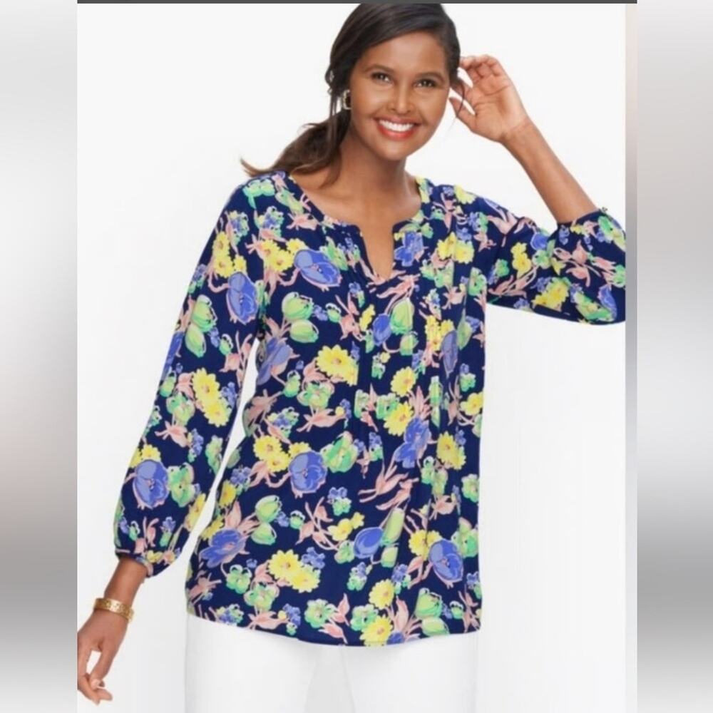 Talbots Navy Blouse with Colorful Floral Design split neck pleated